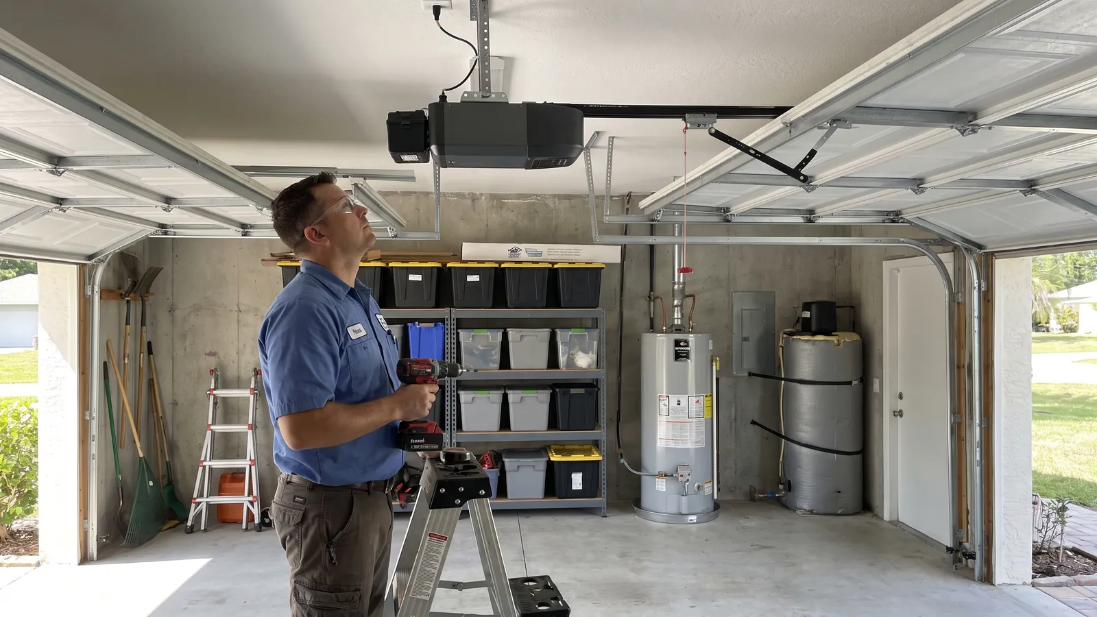 Technician installing a belt-drive garage door opener with battery backup on the ceiling of a two-car garage in Florida