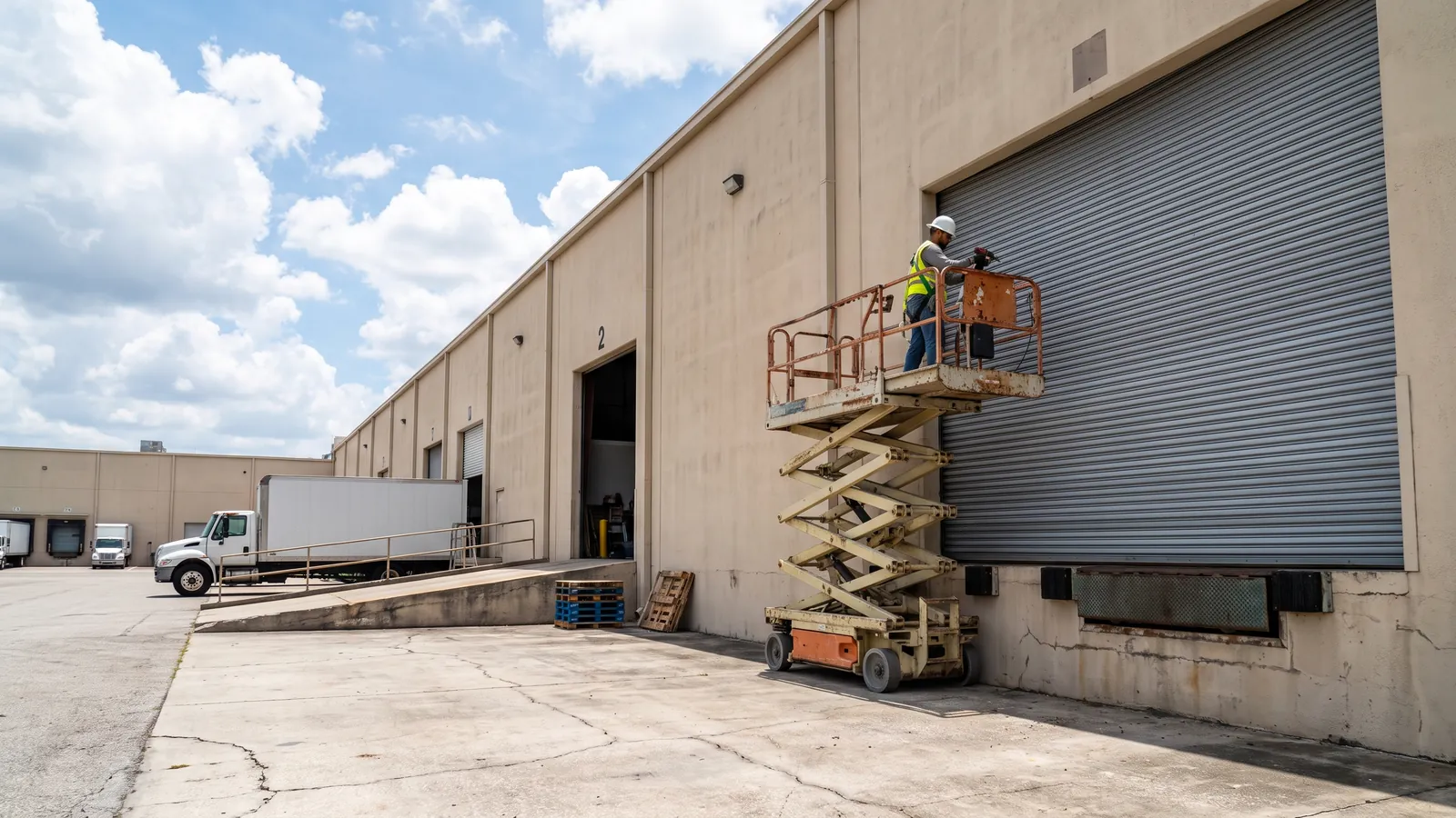 Technician on a scissor lift servicing a large steel roll-up door at a warehouse loading dock in an Ocala, Florida industrial park