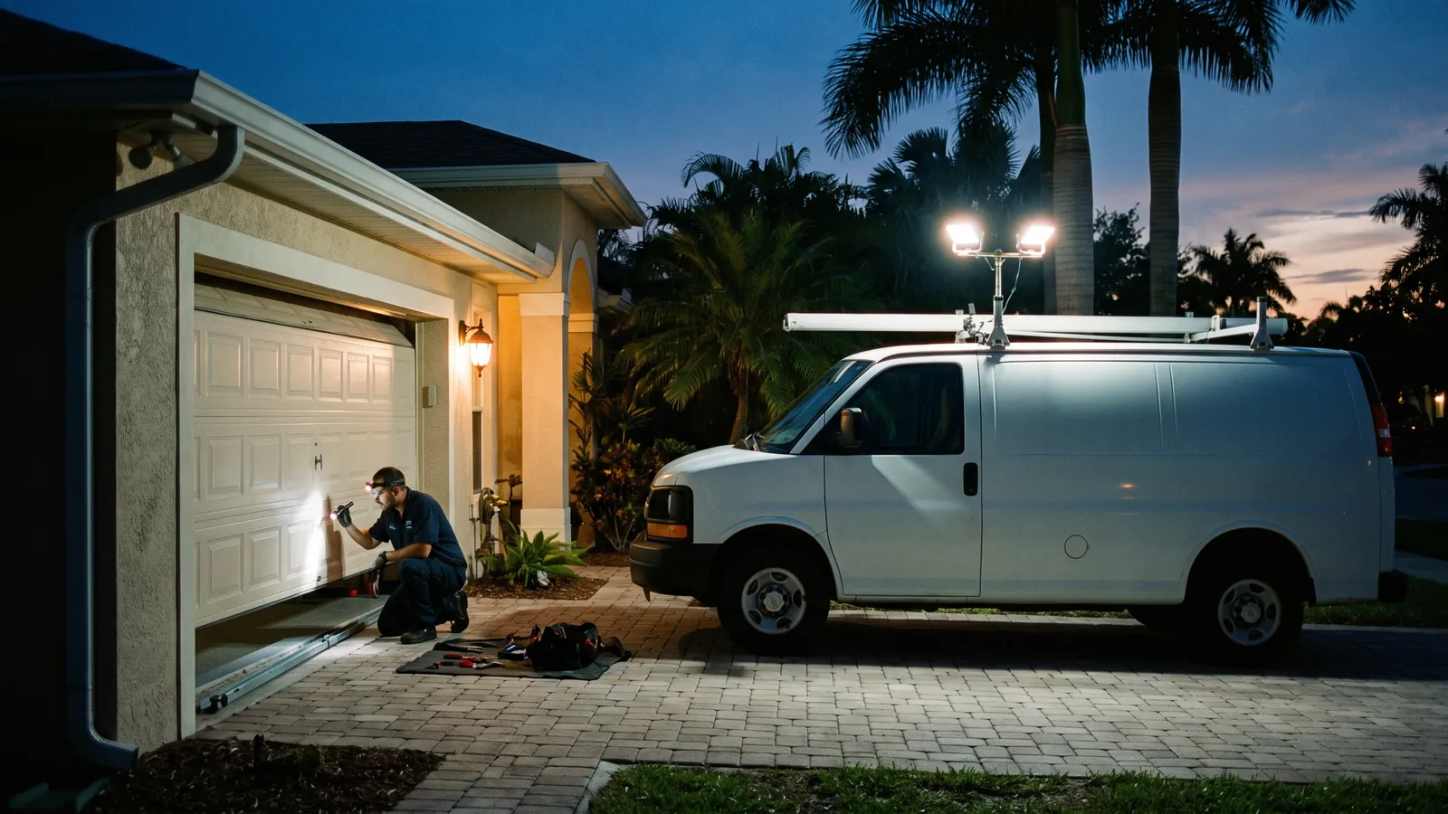 Garage door service van with its work lights on in the driveway of a Florida home at dusk, the door stuck halfway open and a technician checking the track