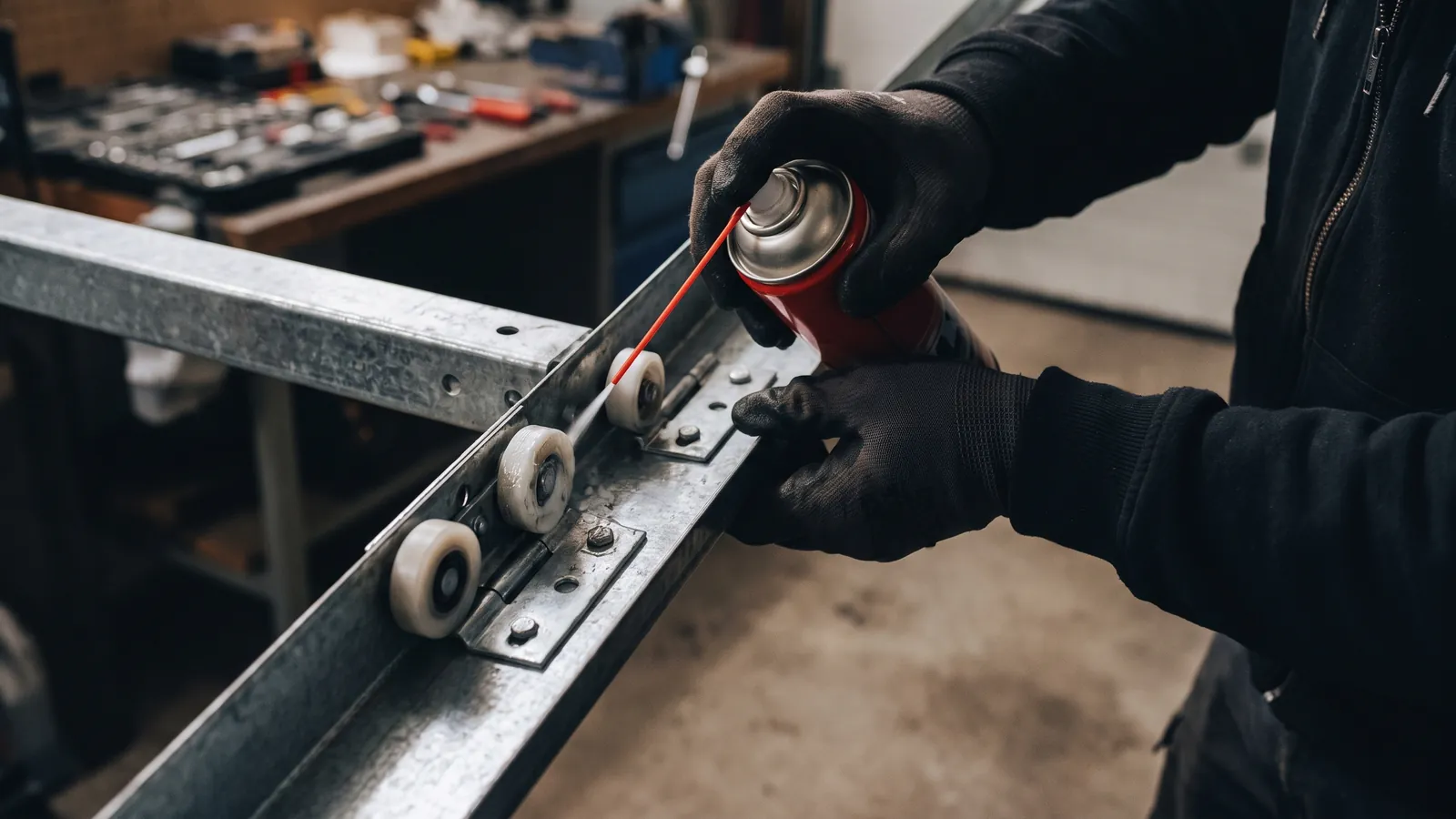 Technician's gloved hands lubricating the rollers and hinges along a galvanized garage door track during a tune-up