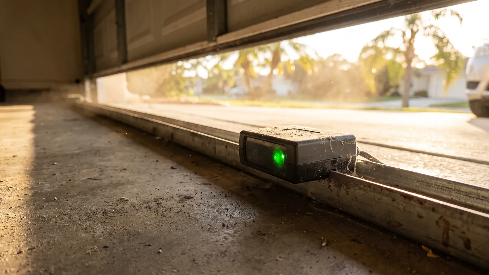 Garage door photo-eye safety sensor mounted on the track a few inches above the concrete floor, with its indicator light lit