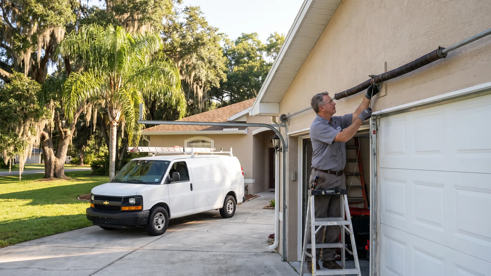 Garage door technician on a ladder adjusting the torsion spring above an open two-car garage of a one-story stucco home in Ocala, Florida, service van in the driveway under live oaks