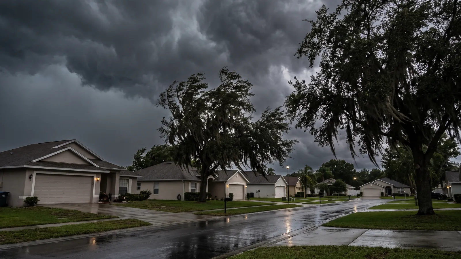 Dark hurricane storm clouds over a subdivision street of one-story homes with two-car garages in Ocala, Florida, live oaks bending in the wind