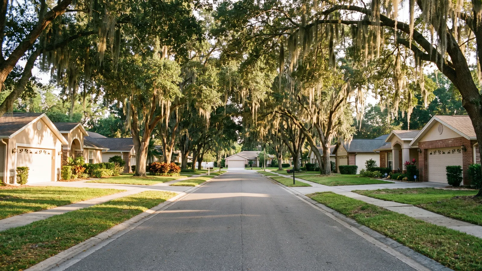 Tree-lined residential street in Ocala, Florida with one-story stucco and brick ranch homes and two-car garage doors under live oaks draped in Spanish moss