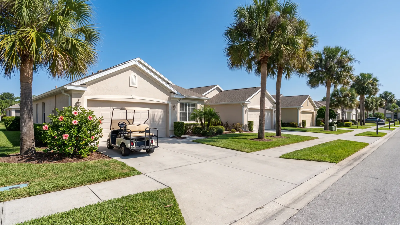 Sunny street of one-story homes with two-car garages and a golf cart garage in a Central Florida retirement community, a golf cart in one driveway