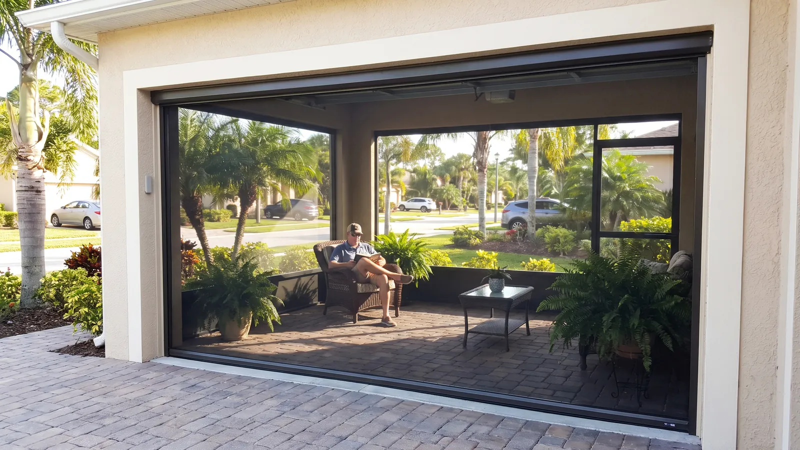 Retractable garage door screen pulled down across an open two-car garage of a Florida home, with a man relaxing inside the screened garage